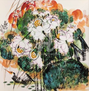 Pittura intitolato "Sense the Lotus 品荷…" da Dayou Lu, Opera d'arte originale, pigmenti