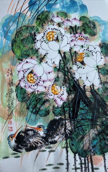 Painting titled "Fun in the Lotus po…" by Dayou Lu, Original Artwork, Ink