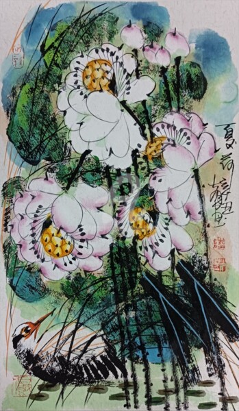 Painting titled "Summer lotus pond 夏…" by Dayou Lu, Original Artwork, Pigments