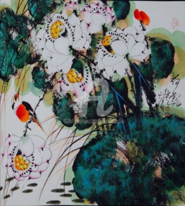 Pintura titulada "Lotus pond and clea…" por Dayou Lu, Obra de arte original, Pigmentos