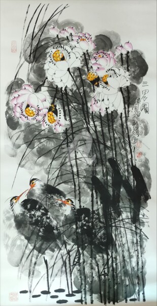 Peinture intitulée "Three Herons 三思图 （N…" par Dayou Lu, Œuvre d'art originale, Pigments