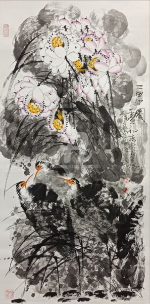 Peinture intitulée "Three Herons 三思图 （N…" par Dayou Lu, Œuvre d'art originale, Pigments