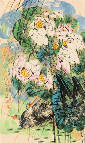 Painting titled "Fresh lotus pond 荷塘…" by Dayou Lu, Original Artwork, Pigments