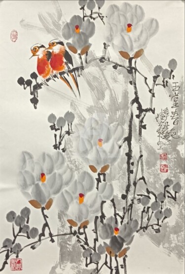 Painting titled "Fragrance of Magnol…" by Dayou Lu, Original Artwork, Pigments