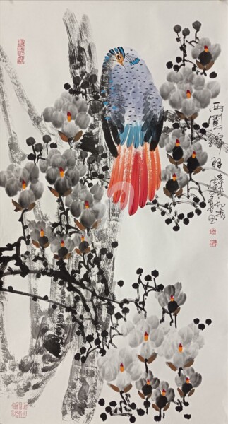 Painting titled "Beautiful feather i…" by Dayou Lu, Original Artwork, Pigments