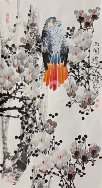 Painting titled "Beautiful feather i…" by Dayou Lu, Original Artwork, Pigments