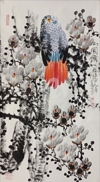 Painting titled "Beautiful feather i…" by Dayou Lu, Original Artwork, Pigments