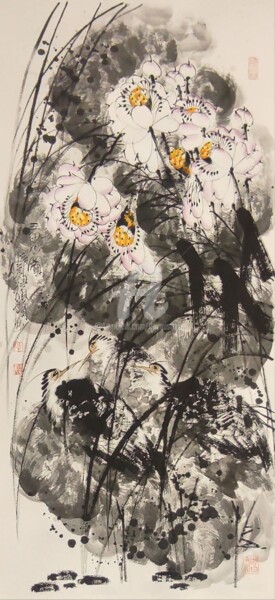 Painting titled "Three Herons 三思图 （N…" by Dayou Lu, Original Artwork, Pigments