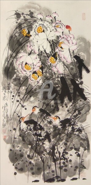 Painting titled "Fragrance of lotus…" by Dayou Lu, Original Artwork, Pigments