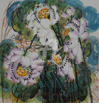 Peinture intitulée "Fun in the lotus po…" par Dayou Lu, Œuvre d'art originale, Encre