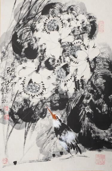 Pittura intitolato "Talk with lotus 问荷…" da Dayou Lu, Opera d'arte originale, pigmenti