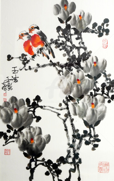 Картина под названием "Pure white 玉洁 （No.F…" - Dayou Lu, Подлинное произведение искусства, Пигменты
