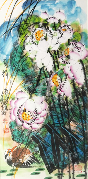 Painting titled "Summer lotus pond 夏…" by Dayou Lu, Original Artwork, Pigments