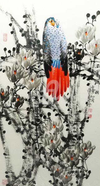 Painting titled "Beautiful feather i…" by Dayou Lu, Original Artwork, Pigments