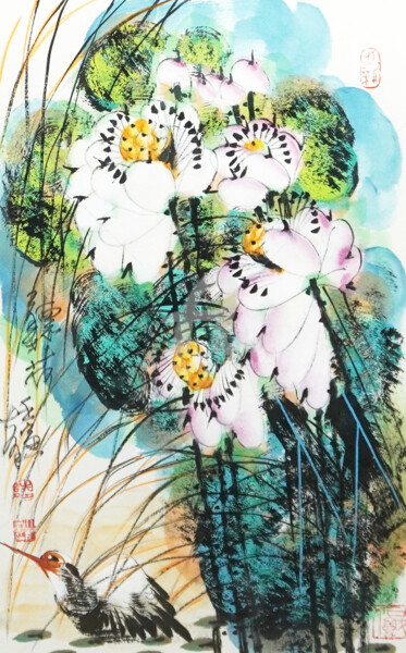 Malerei mit dem Titel "Listen to the Lotus…" von Dayou Lu, Original-Kunstwerk, Pigmente