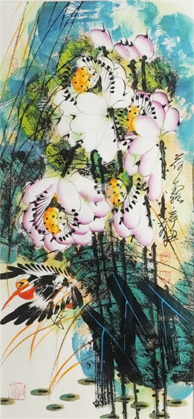 Painting titled "Lotus dew 荷露 （No.F1…" by Dayou Lu, Original Artwork, Pigments