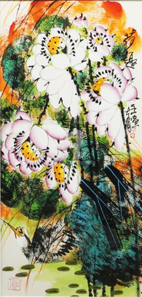 Schilderij getiteld "Fun in the lotus po…" door Dayou Lu, Origineel Kunstwerk, pigmenten