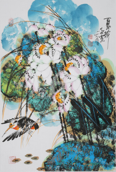 Peinture intitulée "Lotus pond in summe…" par Dayou Lu, Œuvre d'art originale, Pigments