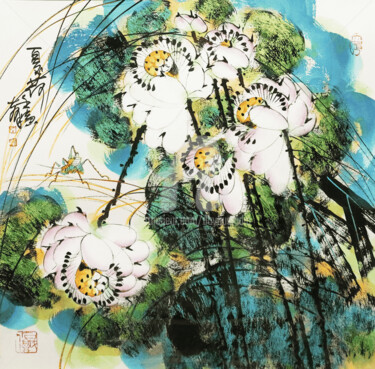 Картина под названием "Summer lotus pond 夏…" - Dayou Lu, Подлинное произведение искусства, Пигменты