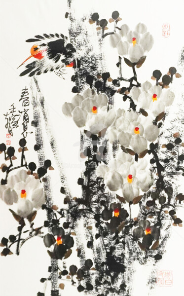 Schilderij getiteld "Spring message 春消息…" door Dayou Lu, Origineel Kunstwerk, pigmenten