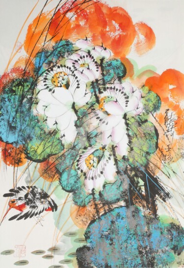Pittura intitolato "Listen to the Lotus…" da Dayou Lu, Opera d'arte originale, pigmenti