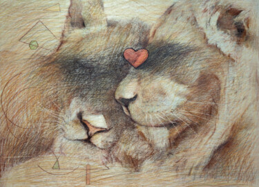 Painting titled "lion's love" by Dazhao Su, Original Artwork, Pencil