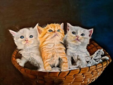 Schilderij getiteld "Pussy Kittens Cat -…" door Deimante Bruzguliene, Origineel Kunstwerk, Potlood