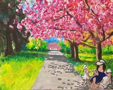 Painting titled "Cherry Blossom Park" by Digby Chacksfield, Original Artwork, Acrylic Mounted on Wood Stretcher frame