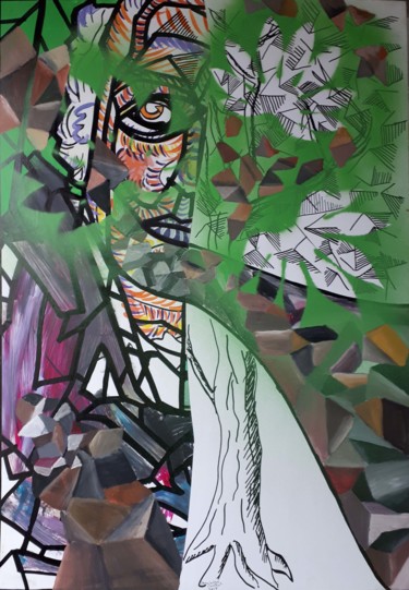 Peinture intitulée "L'homme et l'arbre" par Dominique Coutrot, Œuvre d'art originale, Huile Monté sur Carton