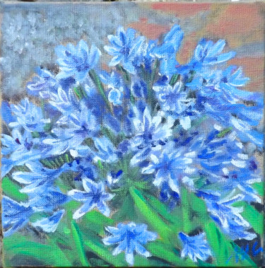 Painting titled "agapanthe bleue" by Mchris, Original Artwork, Oil Mounted on Wood Stretcher frame