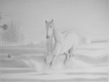 Рисунок под названием "Cheval blanc dans l…" - Pelletier, Подлинное произведение искусства, Карандаш