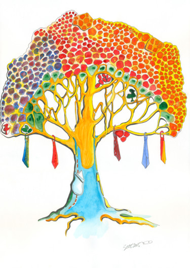 Painting titled "the tree with a tie…" by Dea Lieotto, Original Artwork, Watercolor