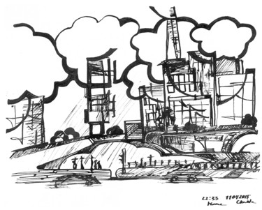Zeichnungen mit dem Titel "City, 11 April 2015" von Dea Lieotto, Original-Kunstwerk, Tinte