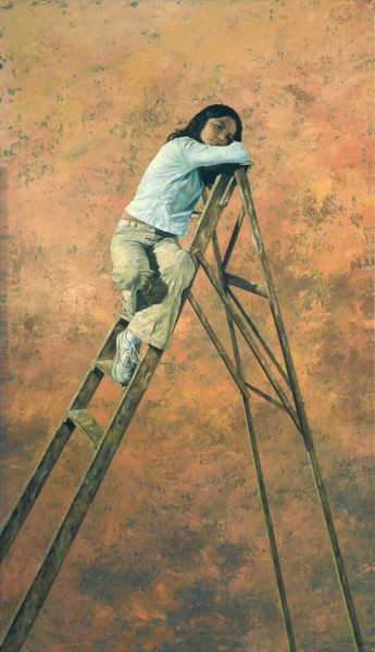 Peinture intitulée "Niña en escalera" par Deangel, Œuvre d'art originale