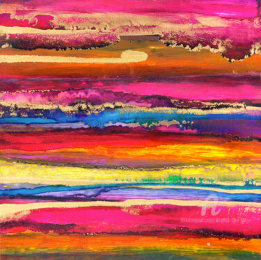 Painting titled "Caribbean Glow" by Deanna Che Lyn, Original Artwork, Ink Mounted on Wood Panel