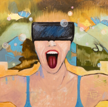 Schilderij getiteld "Virtual Mind Blown…" door Deb Breton, Origineel Kunstwerk, Olie Gemonteerd op Frame voor houten brancard