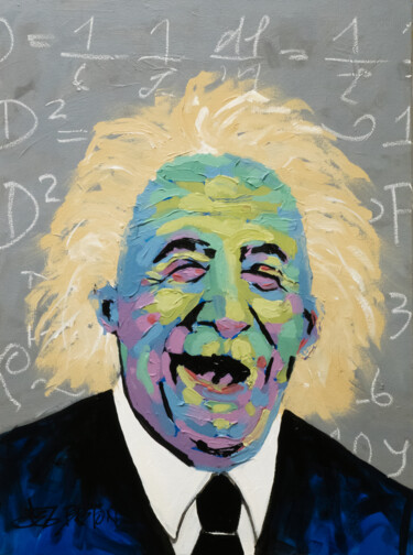 Painting titled "Happy Einstein" by Deb Breton, Original Artwork, Acrylic Mounted on Wood Stretcher frame