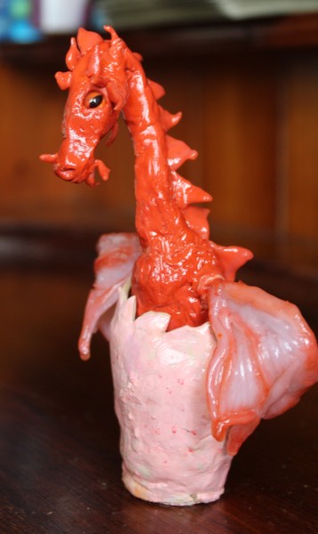 Sculpture titled "Hatching Dragon" by Deborah Pain, Original Artwork, Polymer clay
