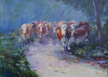 Painting titled "Cows herd might pow…" by Viktoria Debda, Original Artwork, Oil