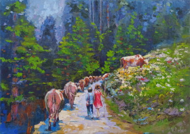 Painting titled "Cows,Children, Pass…" by Viktoria Debda, Original Artwork, Oil Mounted on Wood Stretcher frame