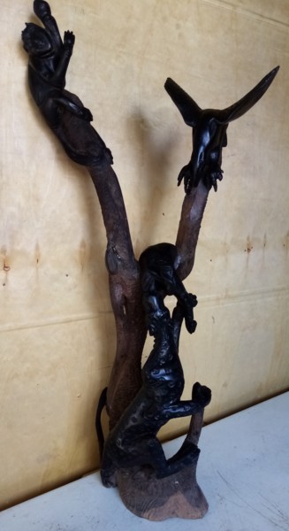 Sculptuur getiteld "Ebony cheetah and s…" door Obed Omwange, Origineel Kunstwerk, Hout