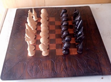 Sculpture titled "Ebony chess set" by Obed Omwange, Original Artwork, Wood