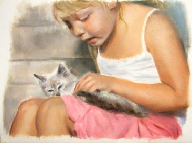 Painting titled "Bimba col gatto" by Calidè, Original Artwork, Oil