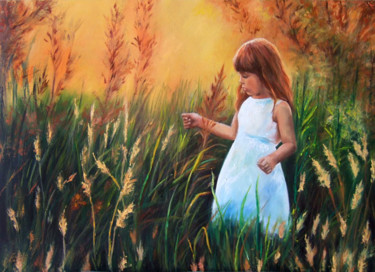 Painting titled "Bimba in un campo d…" by Calidè, Original Artwork, Oil