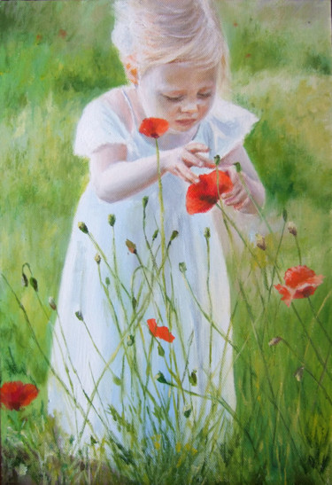 Painting titled "Child with poppies" by Calidè, Original Artwork