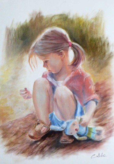 Painting titled "little girl with te…" by Calidè, Original Artwork, Oil