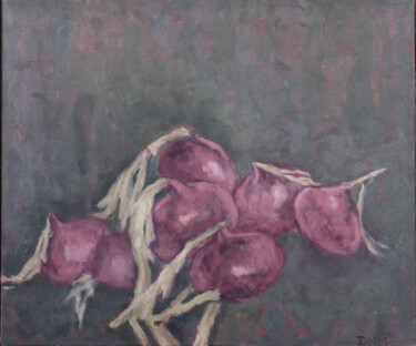 Peinture intitulée ""Les oignons rouges…" par Deborah Hanson Murphy, Œuvre d'art originale, Huile Monté sur Châssis en bois