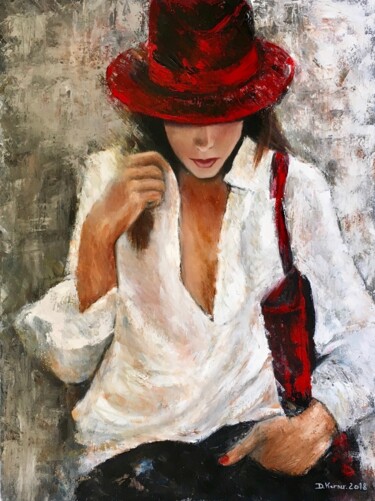 Malerei mit dem Titel "Femme au chapeau ro…" von Deborah Kerner, Original-Kunstwerk, Öl