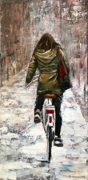 Malerei mit dem Titel "Femme de dos à vélo…" von Deborah Kerner, Original-Kunstwerk, Öl