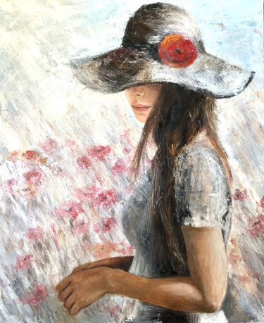 Painting titled "Femme aux coquelico…" by Deborah Kerner, Original Artwork, Oil